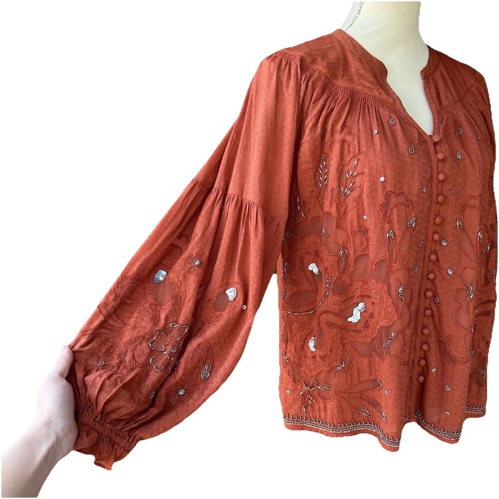 Anthropologie Embroidered Boho Blouse Women’s S Burnt Orange Sequin Button Down